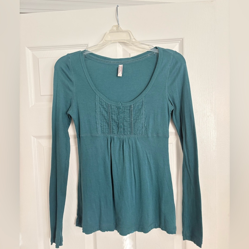 Y2K 2000S LONG SLEEVE SHIRT OLD NAVY TEAL BLUE BABYDOLL EMPIRE WAIST BUTTONS S